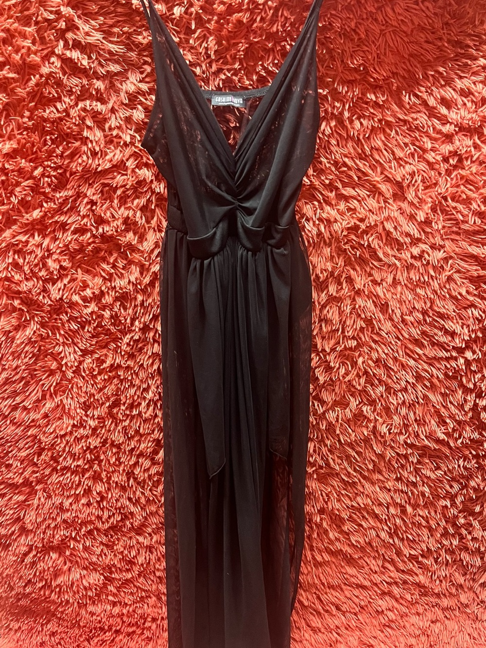 Fashion Nova Black Mesh Maxi Ruffle Dress with attached underwear size Large